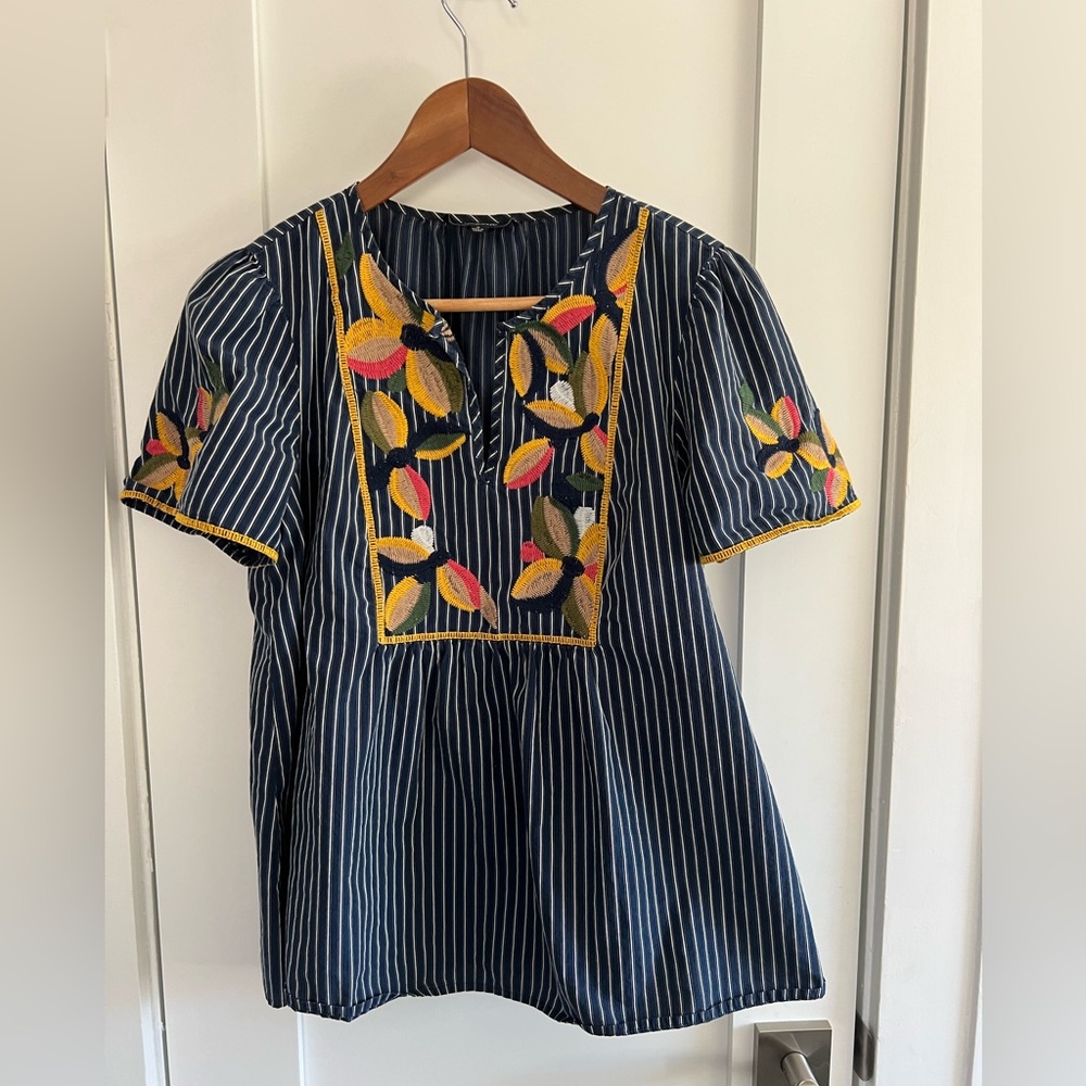 Madewell Blue and Yellow Embellished Boxy Blouse